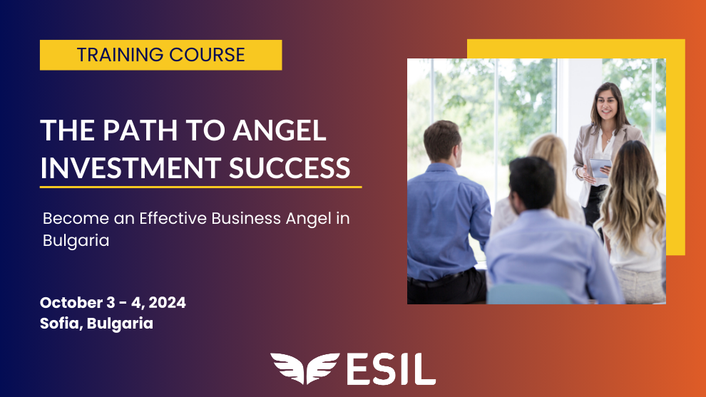 Poster of the training course in Bulgaria with the following text: - Training course - Become an effective business angel in Bulgaria - October 3-4, 2024 - Sofia, Bulgaria. In the right side, there is the picture of a woman giving a lecture to an audience.